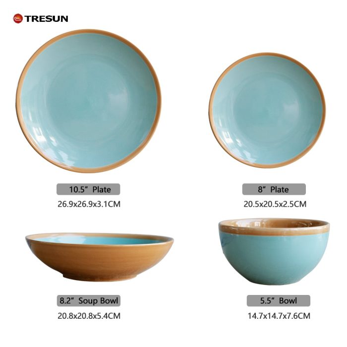 Light Brown and Blue Stoneware Plates and Bowls and Mugs