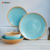 Light Brown and Blue Stoneware Plates and Bowls and Mugs