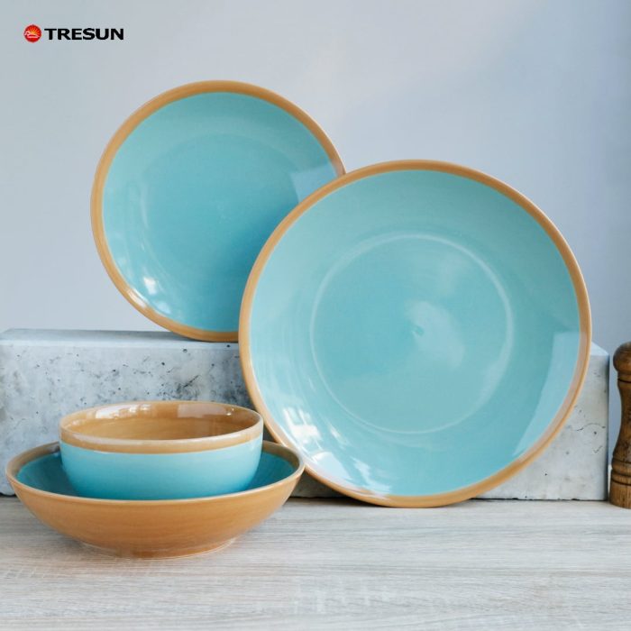 Light Brown and Blue Stoneware Plates and Bowls and Mugs