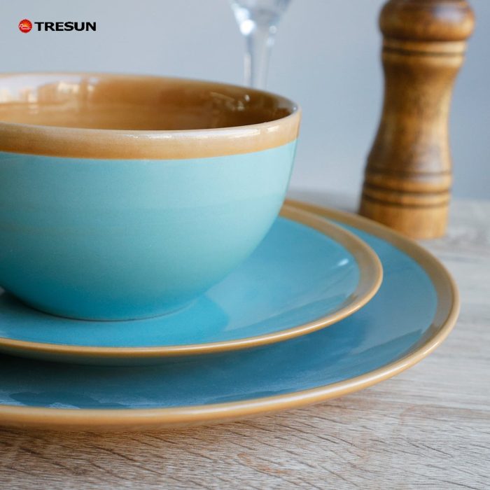 Light Brown and Blue Stoneware Plates and Bowls and Mugs