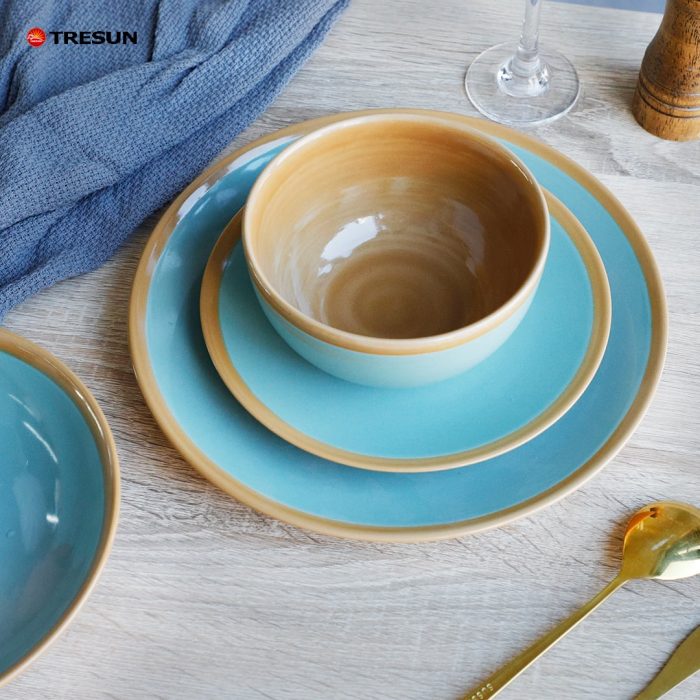 Light Brown and Blue Stoneware Plates and Bowls and Mugs