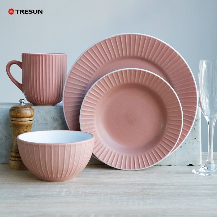 Pink Embossed Stoneware Dinnerware Set