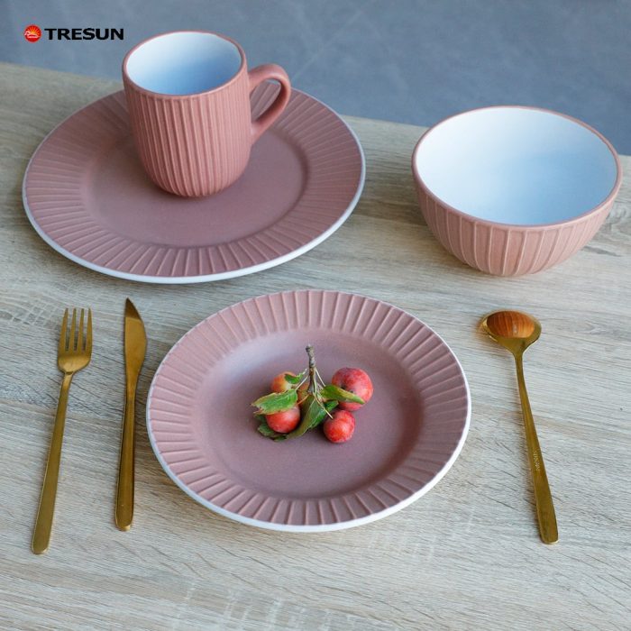 Pink Embossed Stoneware Dinnerware Set