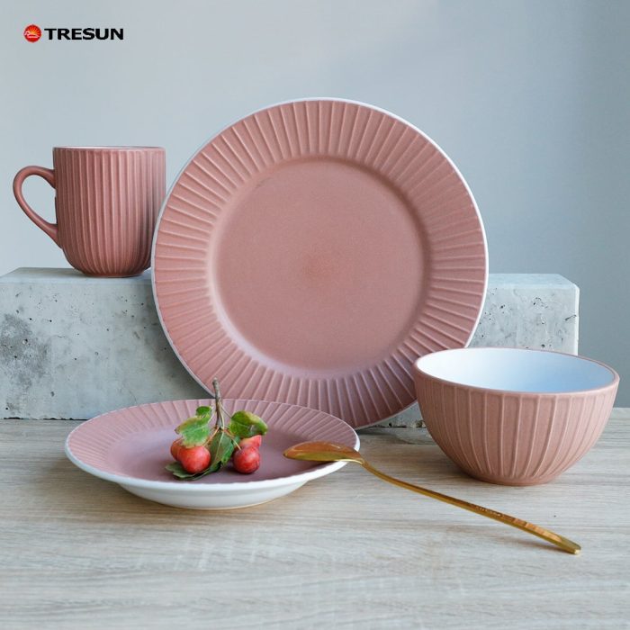 Pink Embossed Stoneware Dinnerware Set