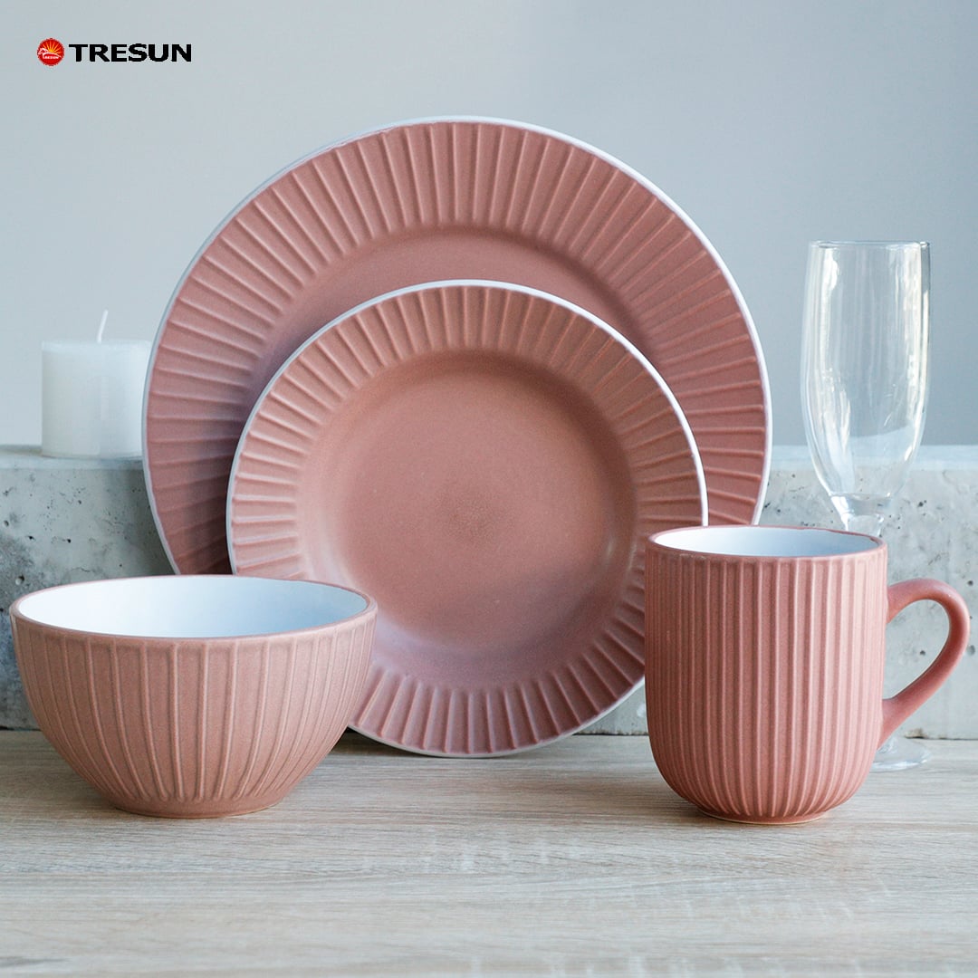 Pink Embossed Stoneware Dinnerware Set