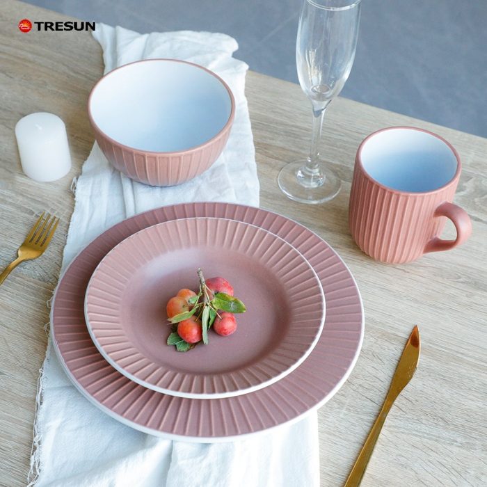 Pink Embossed Stoneware Dinnerware Set