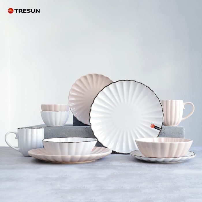 Pink and White Stoneware Embossed Dinnerware Set