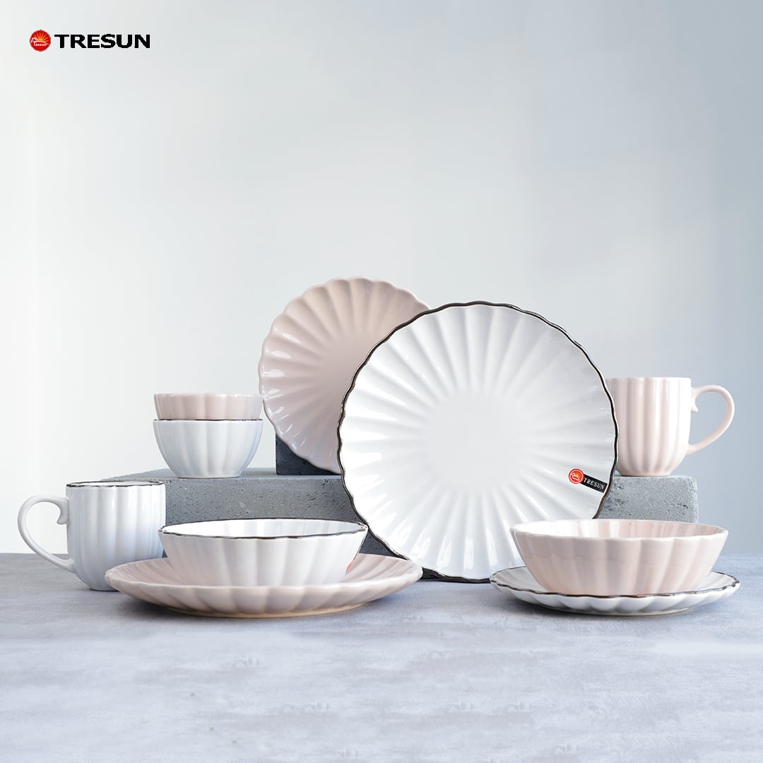 Pink and White Stoneware Embossed Dinnerware Set