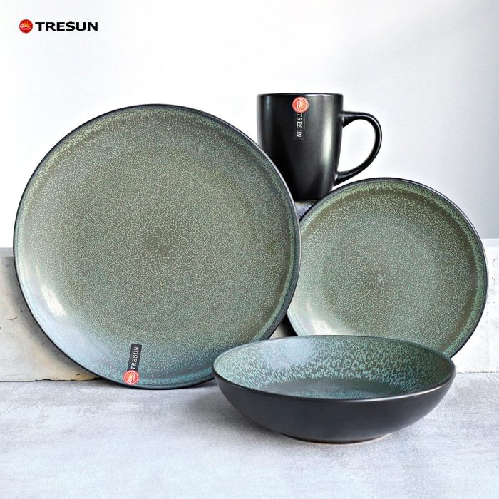 Grey-Green Stoneware Reactive Glaze Dinnerware Set