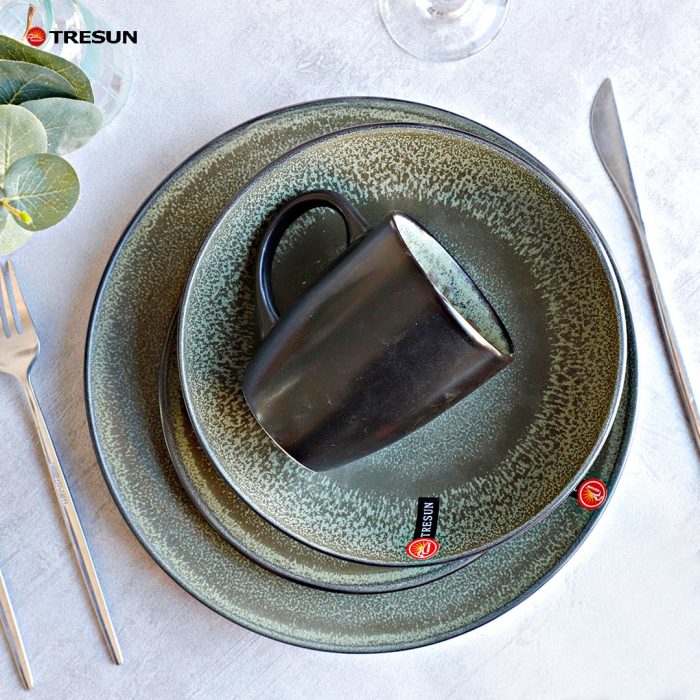 Grey-Green Stoneware Reactive Glaze Dinnerware Set
