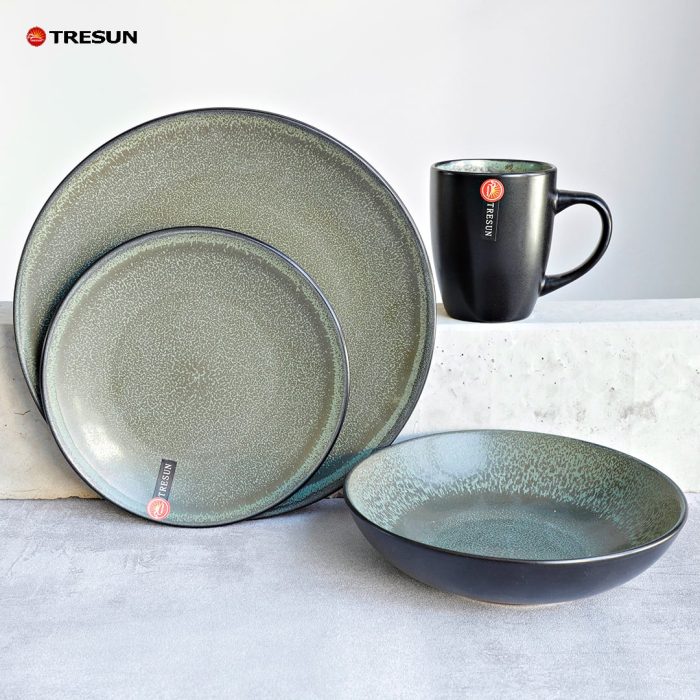 Grey-Green Stoneware Reactive Glaze Dinnerware Set