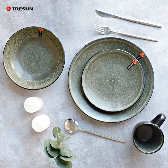 Grey-Green Stoneware Reactive Glaze Dinnerware Set
