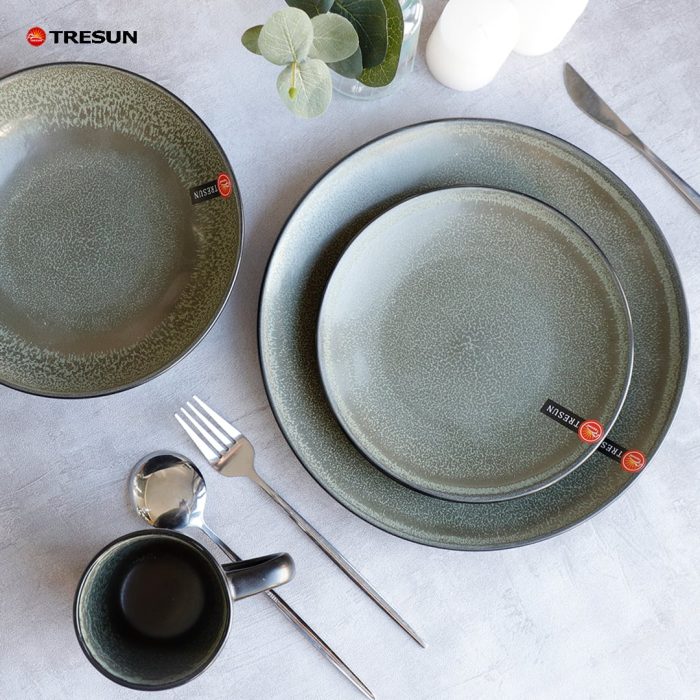Grey-Green Stoneware Reactive Glaze Dinnerware Set