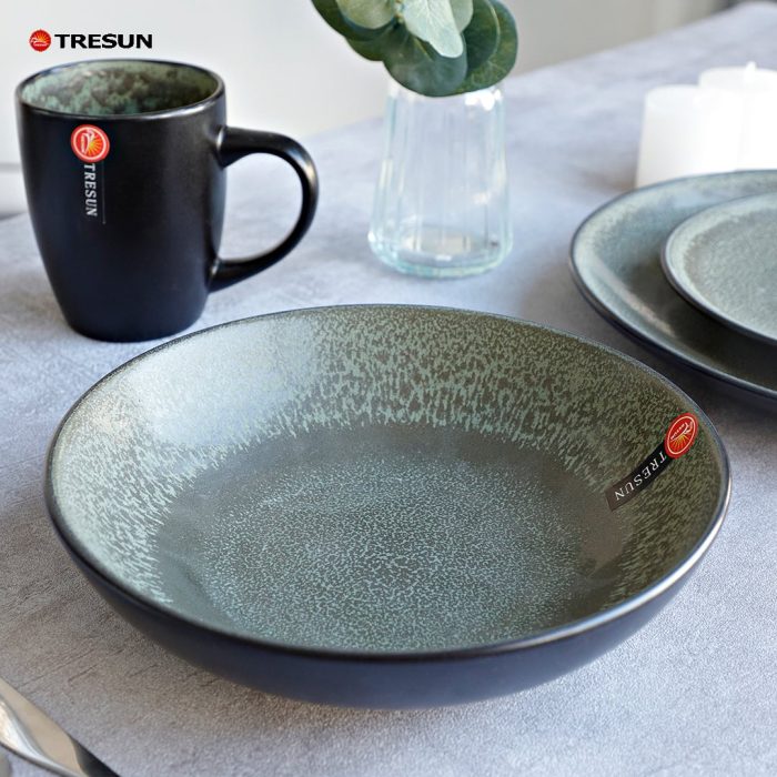 Grey-Green Stoneware Reactive Glaze Dinnerware Set
