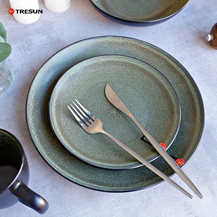 Grey-Green Stoneware Reactive Glaze Dinnerware Set