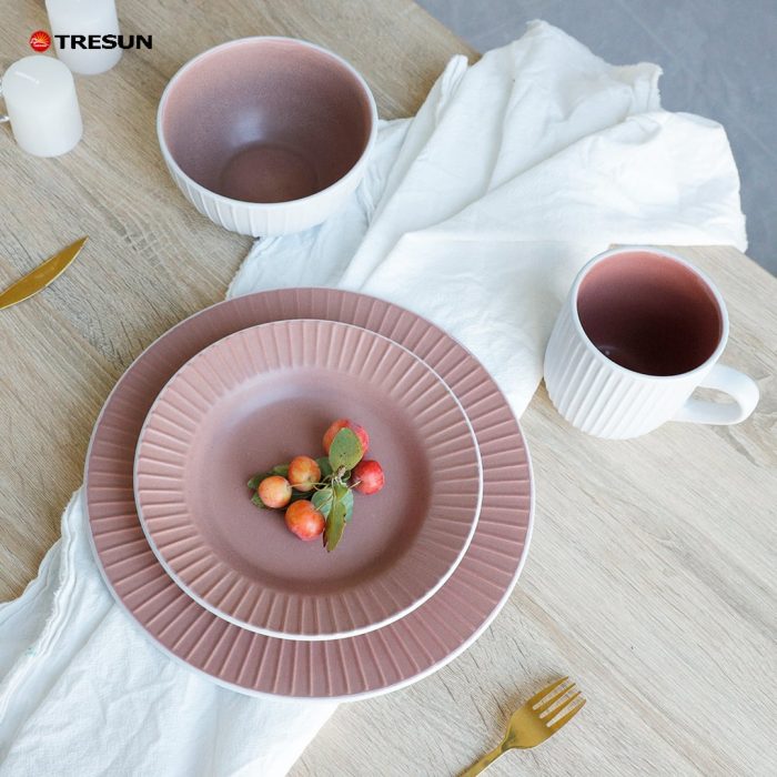 White and Pink Embossed Stoneware Dinnerware Set