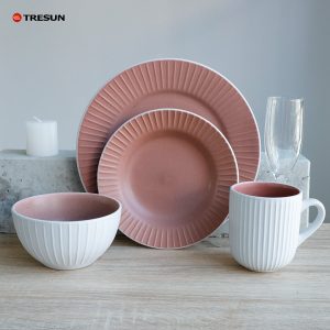 White and Pink Embossed Stoneware Dinnerware Set