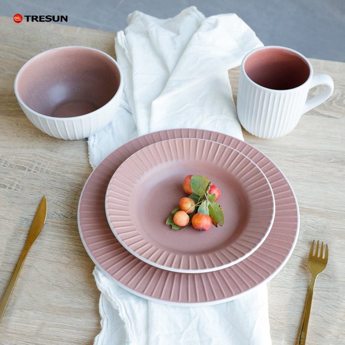 White and Pink Embossed Stoneware Dinnerware Set