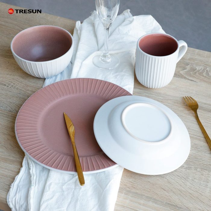 White and Pink Embossed Stoneware Dinnerware Set