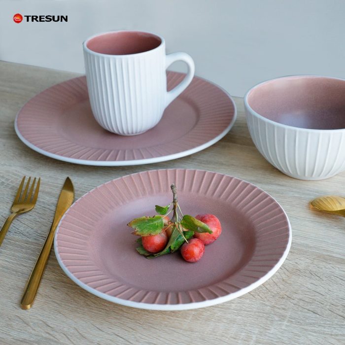 White and Pink Embossed Stoneware Dinnerware Set
