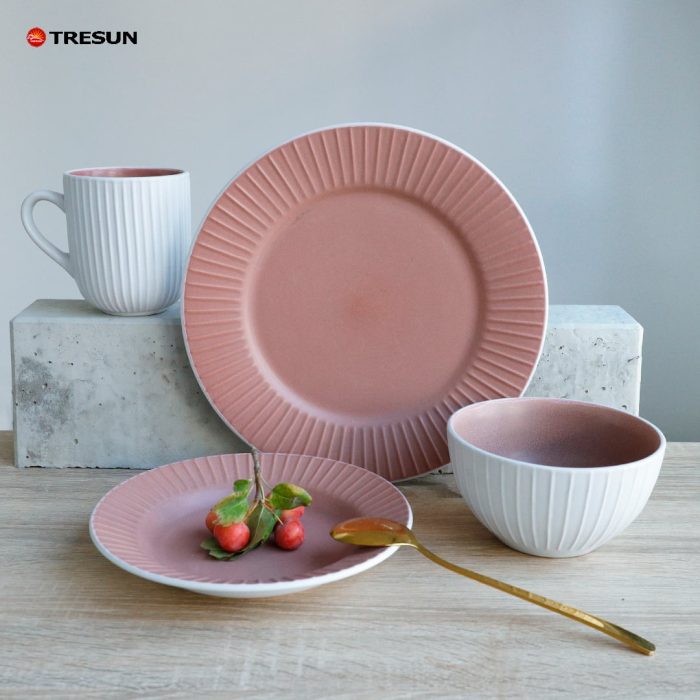 White and Pink Embossed Stoneware Dinnerware Set